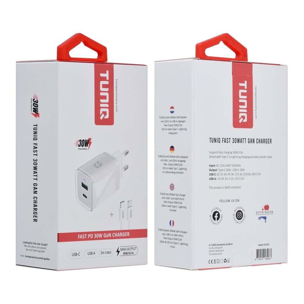TUNIQ Chargeur domestique GaN PD 30W TUNIQ - Double Port avec C ble USB-C - Blanc TUNIQ Chargeur domestique GaN PD 30W TUNIQ - Double Port avec C ble USB-C - Blanc