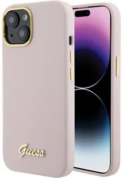 Guess Guess iPhone 15 Plus & iPhone 14 Plus Backcover hoesje Script metal logo & frame - Roze