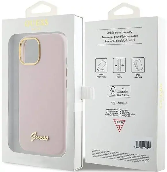 Guess Guess iPhone 15 Plus & iPhone 14 Plus Backcover hoesje Script metal logo & frame - Roze, foto 2 van 3