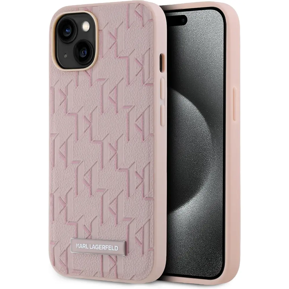 Karl Lagerfeld Karl Lagerfeld iPhone 14 en iPhone 13 Magsafe - Monogram Metal Logo - Roze