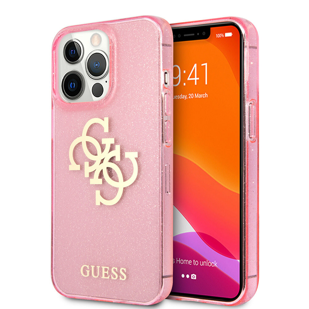 Guess Guess iPhone 13 Pro Backcover hoesje Glitter big gold 4G - Roze Guess Guess iPhone 13 Pro Backcover hoesje Glitter big gold 4G - Roze