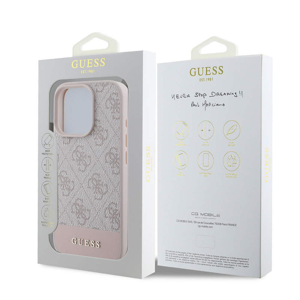 Guess Guess iPhone 16 Pro Back cover coque - 4G PU Leather - Bottom Stripe - Rose Guess Guess iPhone 16 Pro Back cover coque - 4G PU Leather - Bottom Stripe - Rose