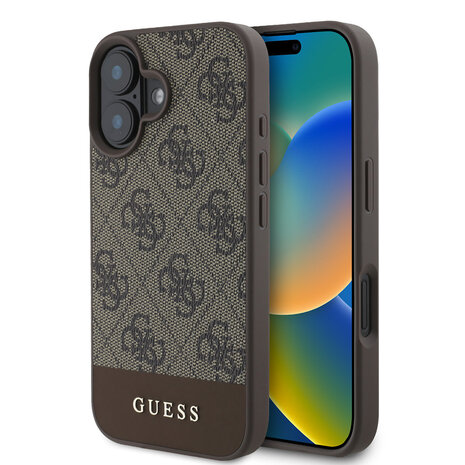 Guess Guess iPhone 16 Back-Cover hul - 4G PU Leather - Bottom Stripe - Braun