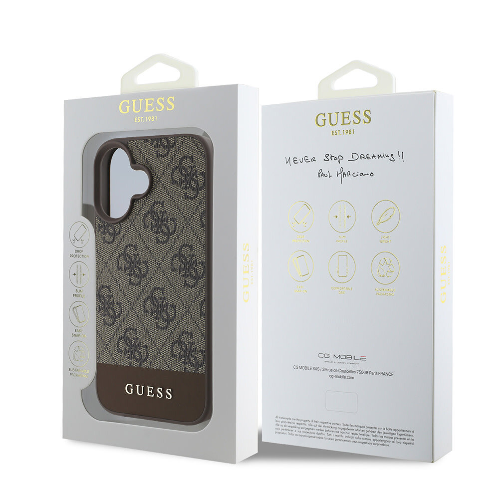 Guess Guess iPhone 16 Back cover case - 4G PU bottom stripe - Brown Guess Guess iPhone 16 Back cover case - 4G PU bottom stripe - Brown