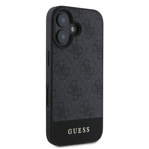 Guess Guess iPhone 16 Back cover coque - Magsafe - 4G PU Leather - Bottom Stripe - Gris