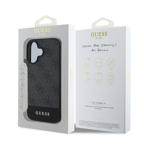 Guess Guess iPhone 16 Back-Cover hul - 4G PU bottom stripe - Grau Guess Guess iPhone 16 Back-Cover hul - 4G PU bottom stripe - Grau