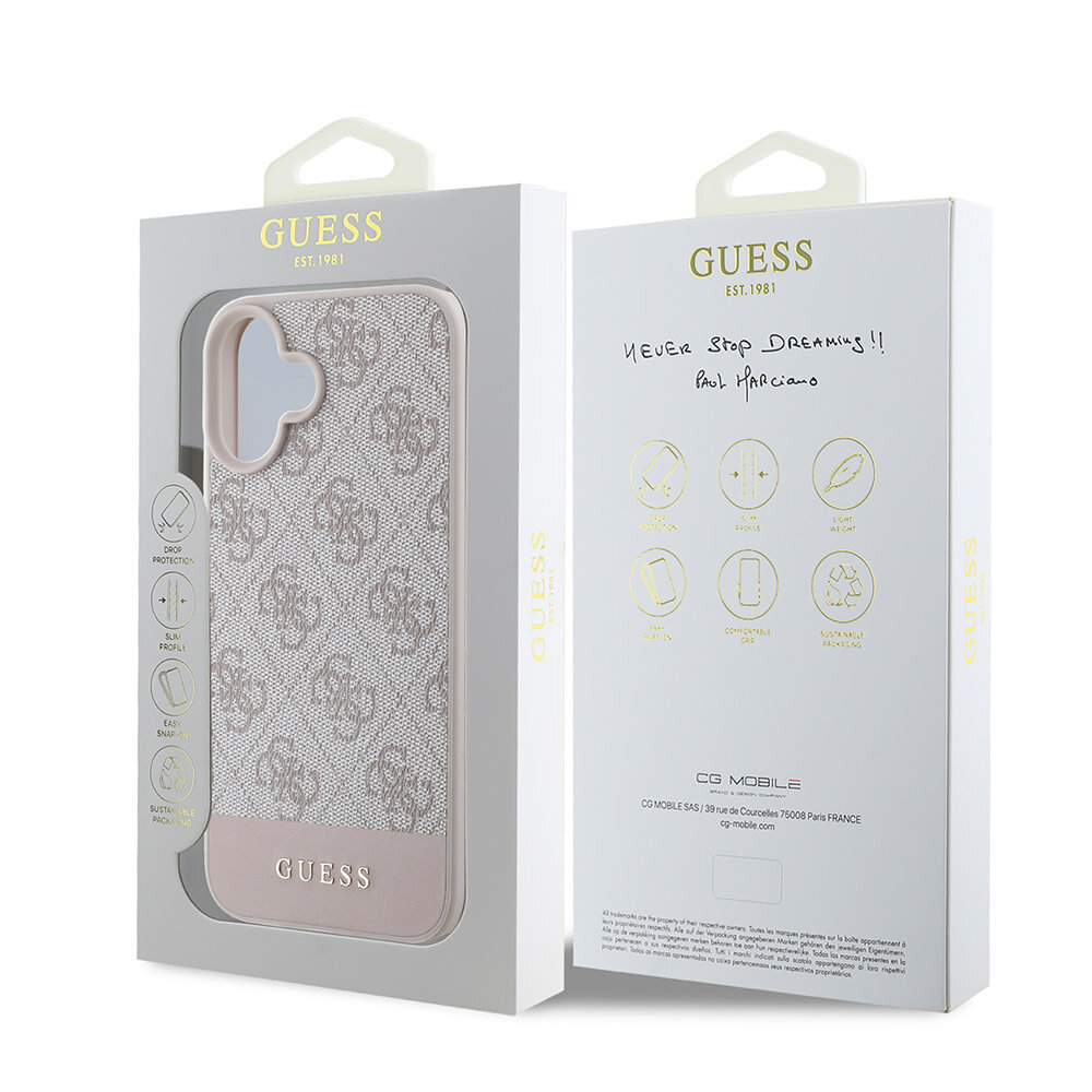 Guess Guess iPhone 16 Back cover coque - 4G PU Leather - Bottom Stripe - Rose Guess Guess iPhone 16 Back cover coque - 4G PU Leather - Bottom Stripe - Rose