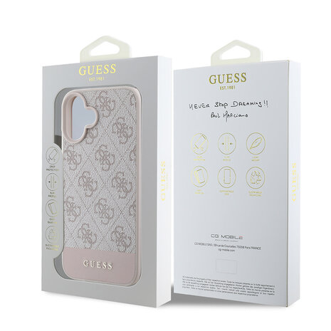 Guess Guess iPhone 16 Back cover coque - 4G PU Leather - Bottom Stripe - Rose Guess Guess iPhone 16 Back cover coque - 4G PU Leather - Bottom Stripe - Rose
