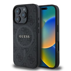 Guess iPhone 16 Pro Backcover hoesje - Magsafe PU Leather - 4G Ring - Zwart