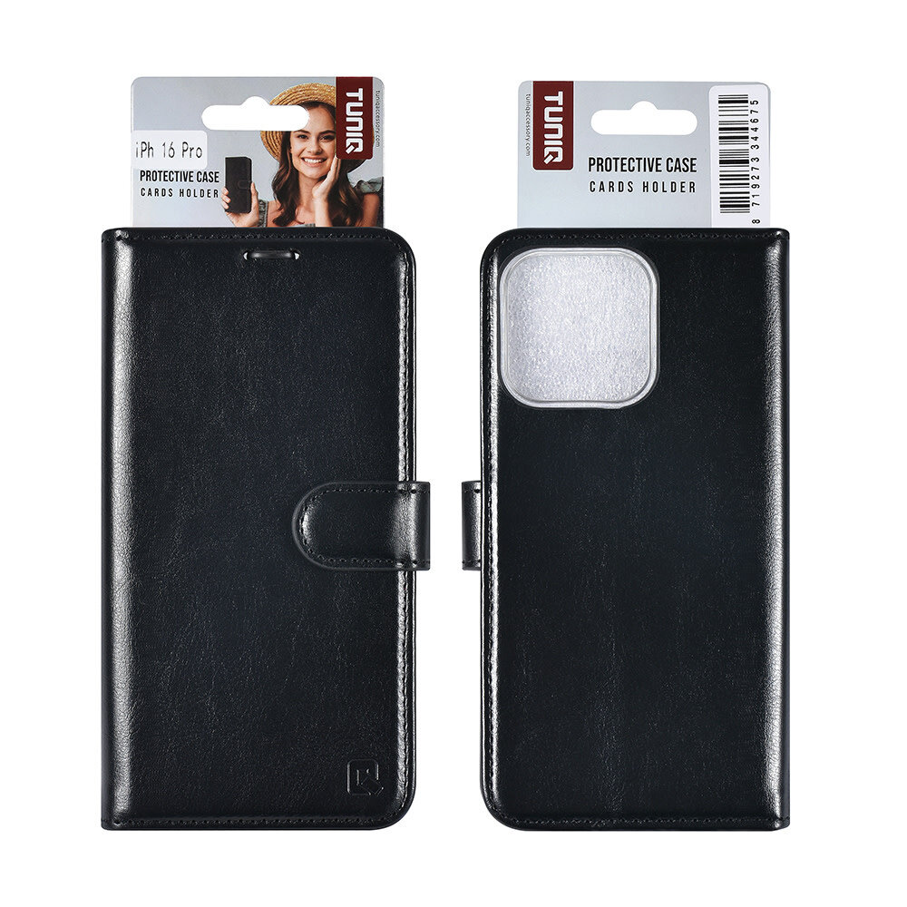 TUNIQ TUNIQ iPhone 16 Pro Book type housse Porte-cartes pour 3 cartes - Fermeture magnétique - Noir TUNIQ TUNIQ iPhone 16 Pro Book type housse Porte-cartes pour 3 cartes - Fermeture magnétique - Noir