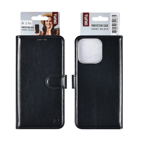 TUNIQ TUNIQ iPhone 16 Pro Book type housse Porte-cartes pour 3 cartes - Fermeture magnétique - Noir TUNIQ TUNIQ iPhone 16 Pro Book type housse Porte-cartes pour 3 cartes - Fermeture magnétique - Noir