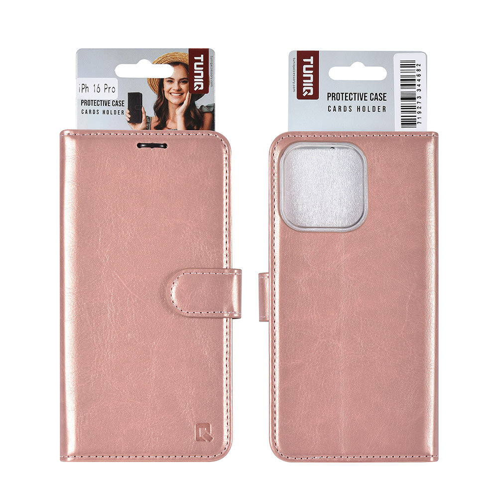 TUNIQ TUNIQ iPhone 16 Pro Book Case hoesje Pasjeshouder voor 3 pasjes - Hanger - Rose Gold TUNIQ TUNIQ iPhone 16 Pro Book Case hoesje Pasjeshouder voor 3 pasjes - Hanger - Rose Gold