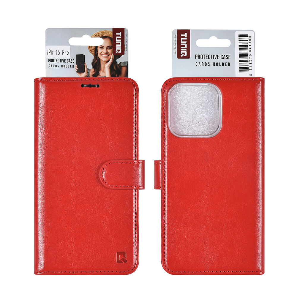 TUNIQ TUNIQ iPhone 16 Pro Book type case - Card holder for 3 cards - Magnetic closure - Red TUNIQ TUNIQ iPhone 16 Pro Book type case - Card holder for 3 cards - Magnetic closure - Red