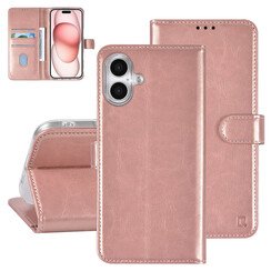 TUNIQ iPhone 16 Plus Book type case - Card holder for 3 cards - Magnetic closure - Rose Gold