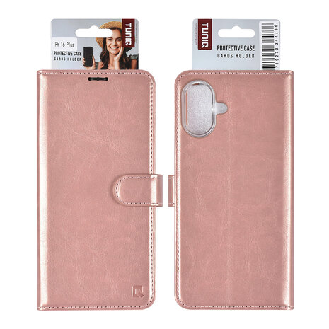 TUNIQ TUNIQ iPhone 16 Plus Book type case - Card holder for 3 cards - Magnetic closure - Rose Gold TUNIQ TUNIQ iPhone 16 Plus Book type case - Card holder for 3 cards - Magnetic closure - Rose Gold