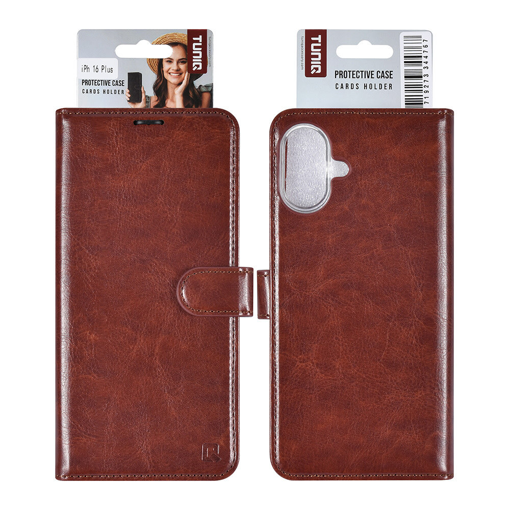 TUNIQ TUNIQ iPhone 16 Plus Book-Case hul - Kartenhalter für 3 Karten - Magnetverschluss - Braun TUNIQ TUNIQ iPhone 16 Plus Book-Case hul - Kartenhalter für 3 Karten - Magnetverschluss - Braun