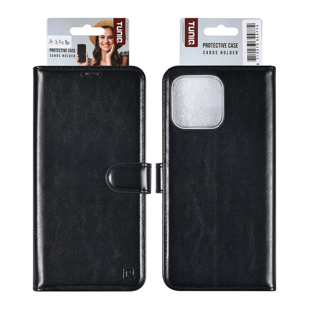 TUNIQ TUNIQ iPhone 16 Pro Max Book type housse Porte-cartes pour 3 cartes - Fermeture magnétique - Noir TUNIQ TUNIQ iPhone 16 Pro Max Book type housse Porte-cartes pour 3 cartes - Fermeture magnétique - Noir