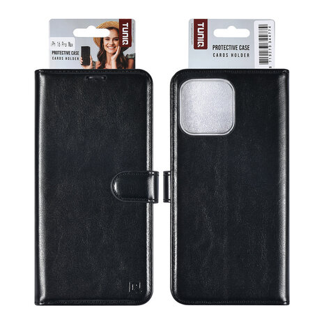 TUNIQ TUNIQ iPhone 16 Pro Max Book type housse Porte-cartes pour 3 cartes - Fermeture magnétique - Noir TUNIQ TUNIQ iPhone 16 Pro Max Book type housse Porte-cartes pour 3 cartes - Fermeture magnétique - Noir