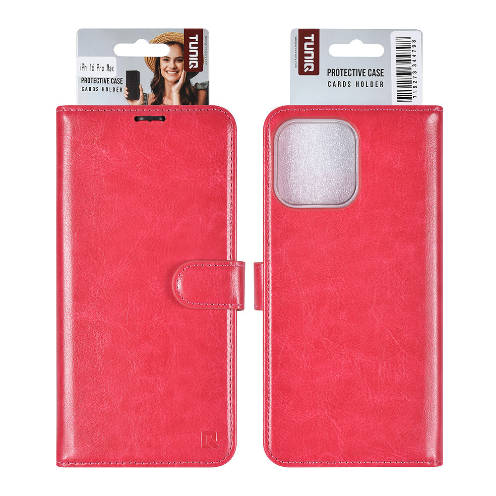 TUNIQ TUNIQ iPhone 16 Pro Max Book type case - Card holder for 3 cards - Magnetic closure - Hot Pink TUNIQ TUNIQ iPhone 16 Pro Max Book type case - Card holder for 3 cards - Magnetic closure - Hot Pink