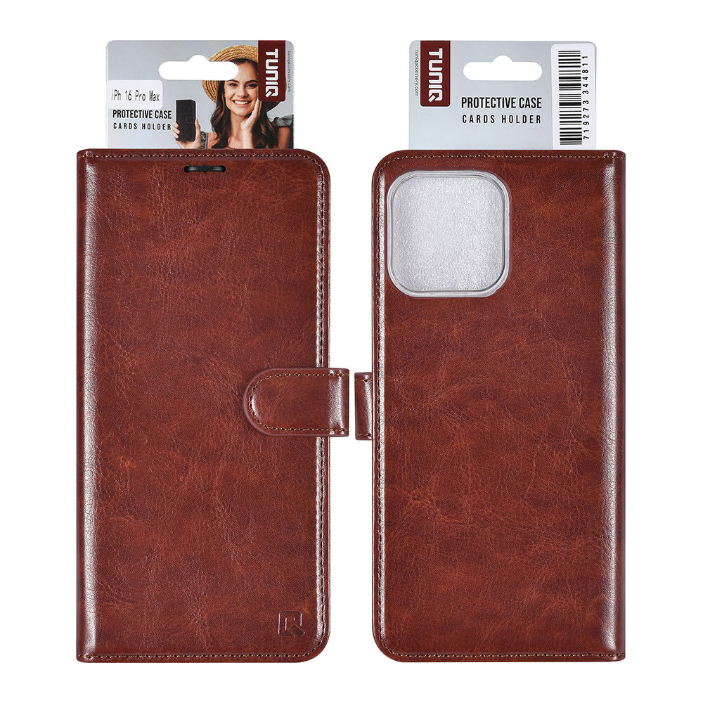 TUNIQ TUNIQ iPhone 16 Pro Max Book Case hoesje Pasjeshouder voor 3 pasjes - Hanger - Bruin TUNIQ TUNIQ iPhone 16 Pro Max Book Case hoesje Pasjeshouder voor 3 pasjes - Hanger - Bruin