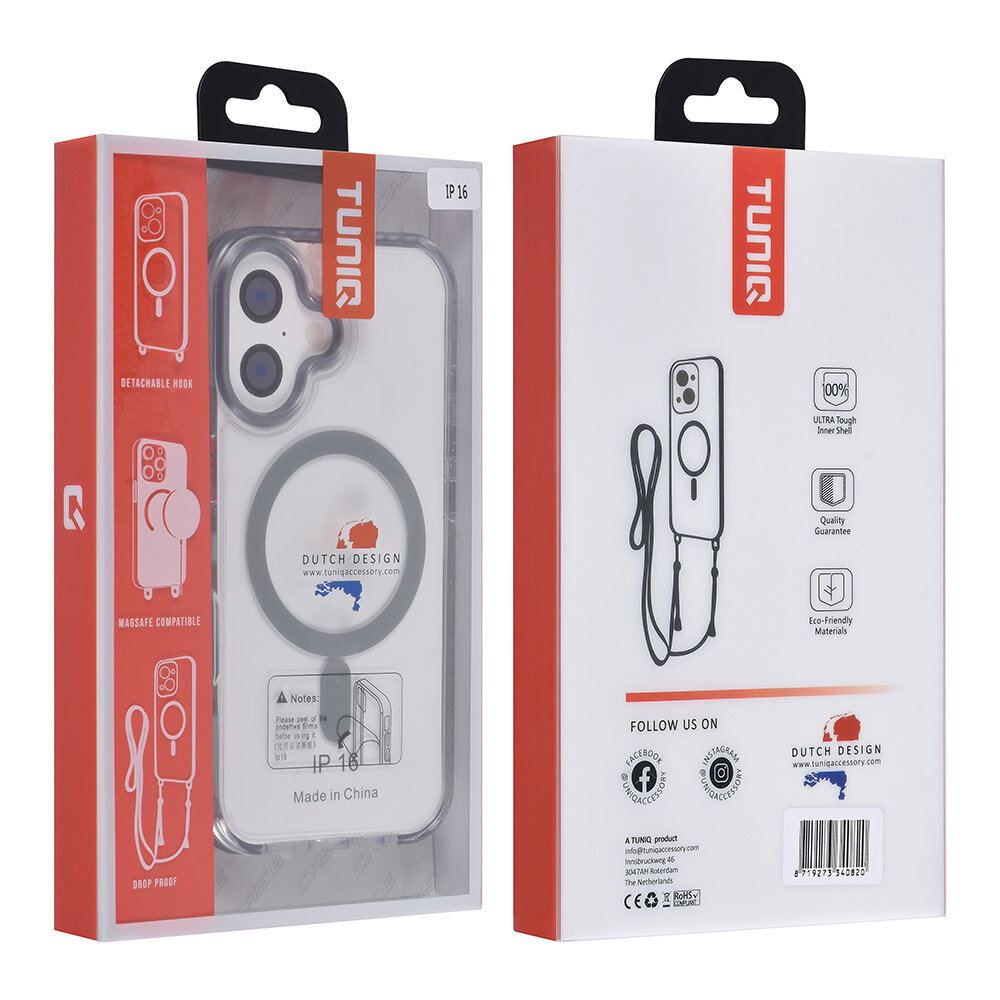 TUNIQ TUNIQ iPhone 16 Backcover hoesje neck cord -TPU+PC - Grijs TUNIQ TUNIQ iPhone 16 Backcover hoesje neck cord -TPU+PC - Grijs