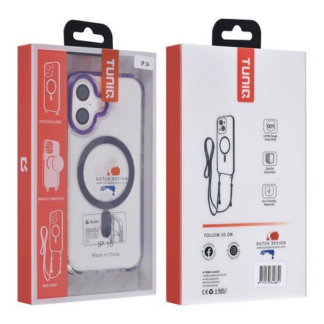 TUNIQ TUNIQ iPhone 16 Backcover hoesje neck cord -TPU+PC - Paars TUNIQ TUNIQ iPhone 16 Backcover hoesje neck cord -TPU+PC - Paars