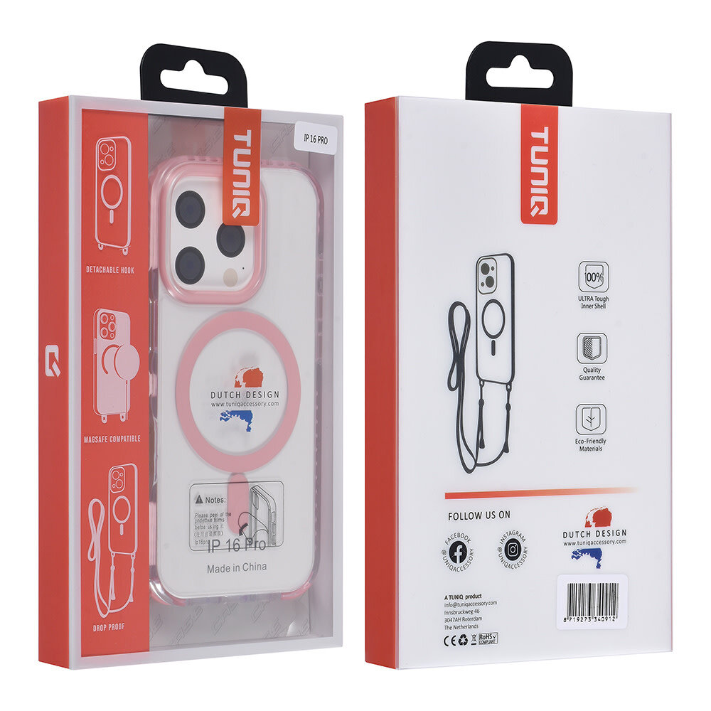 TUNIQ TUNIQ iPhone 16 Pro Back cover case - neck cord -TPU+PC - Pink TUNIQ TUNIQ iPhone 16 Pro Back cover case - neck cord -TPU+PC - Pink