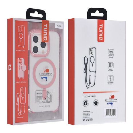 TUNIQ TUNIQ iPhone 16 Pro Back cover case - neck cord -TPU+PC - Pink TUNIQ TUNIQ iPhone 16 Pro Back cover case - neck cord -TPU+PC - Pink
