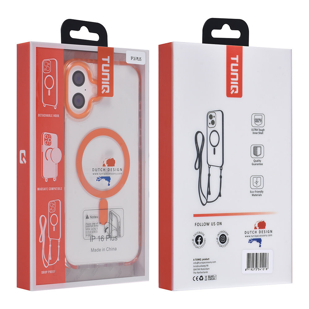 TUNIQ TUNIQ iPhone 16 Plus Back cover coque neck cord -TPU+PC - Orange TUNIQ TUNIQ iPhone 16 Plus Back cover coque neck cord -TPU+PC - Orange