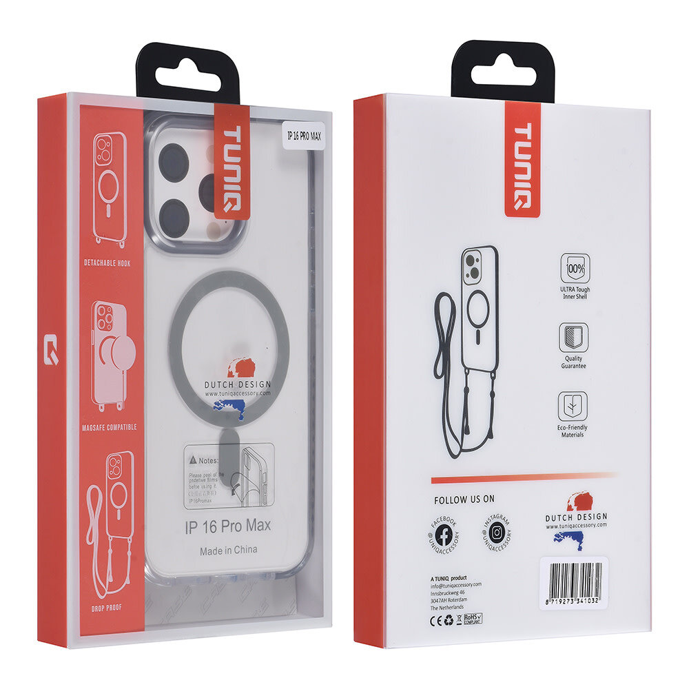 TUNIQ TUNIQ iPhone 16 Pro Max Backcover hoesje neck cord -TPU+PC - Grijs TUNIQ TUNIQ iPhone 16 Pro Max Backcover hoesje neck cord -TPU+PC - Grijs