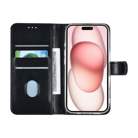 TUNIQ TUNIQ iPhone 16 Book Case hoesje Pasjeshouder voor 3 pasjes - Hanger - Zwart TUNIQ TUNIQ iPhone 16 Book Case hoesje Pasjeshouder voor 3 pasjes - Hanger - Zwart