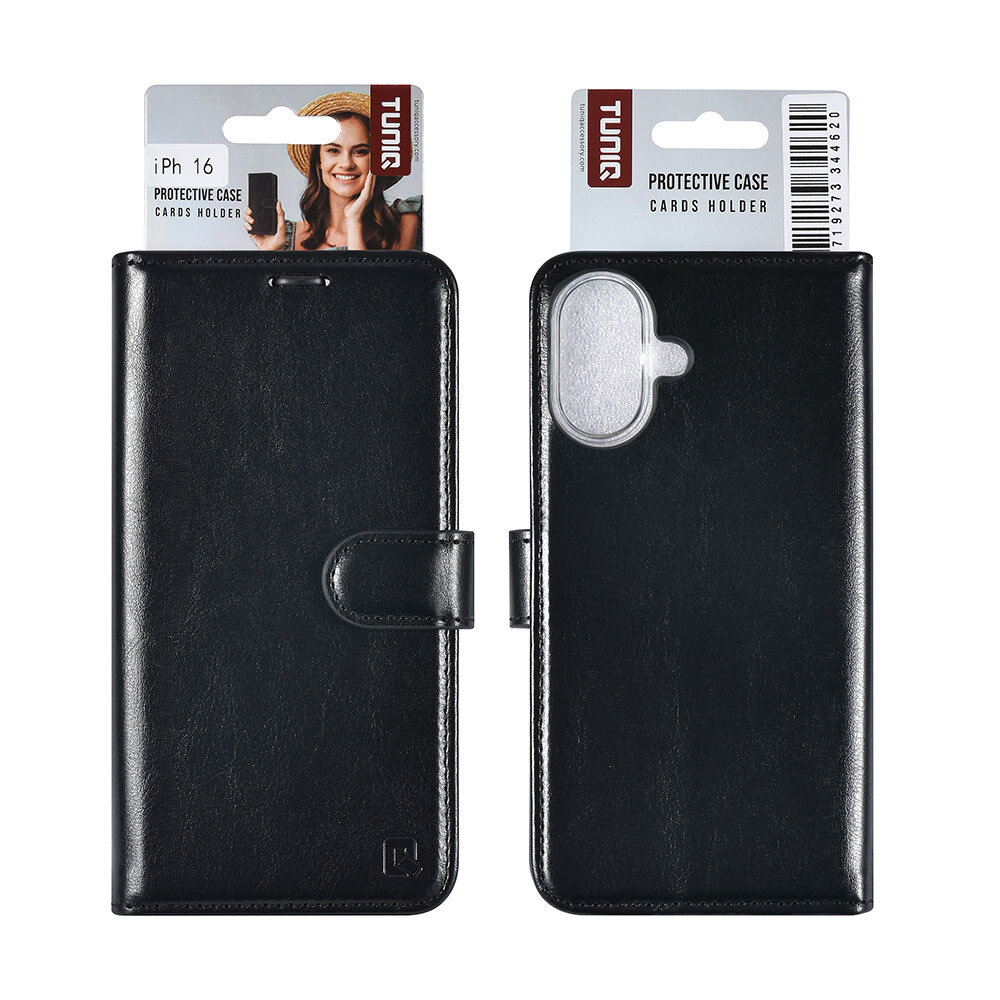 TUNIQ TUNIQ iPhone 16 Book Case hoesje Pasjeshouder voor 3 pasjes - Hanger - Zwart TUNIQ TUNIQ iPhone 16 Book Case hoesje Pasjeshouder voor 3 pasjes - Hanger - Zwart