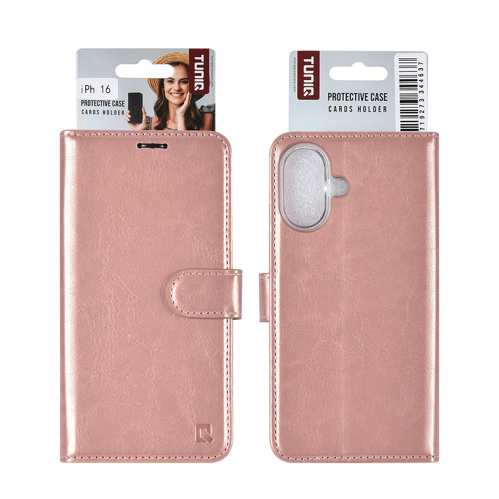 TUNIQ TUNIQ iPhone 16 Book type case - Card holder for 3 cards - Magnetic closure - Rose Gold TUNIQ TUNIQ iPhone 16 Book type case - Card holder for 3 cards - Magnetic closure - Rose Gold