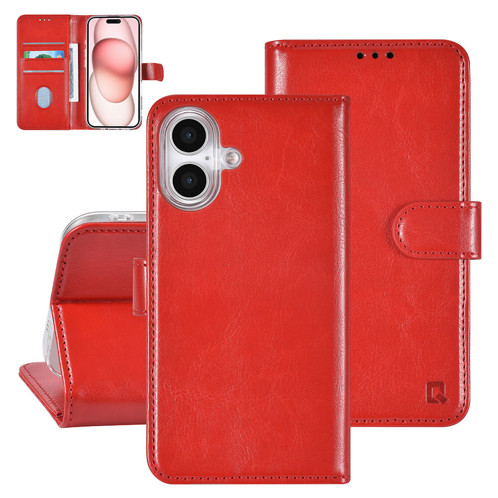 TUNIQ TUNIQ iPhone 16 Book type case - Card holder for 3 cards - Magnetic closure - Red TUNIQ TUNIQ iPhone 16 Book type case - Card holder for 3 cards - Magnetic closure - Red