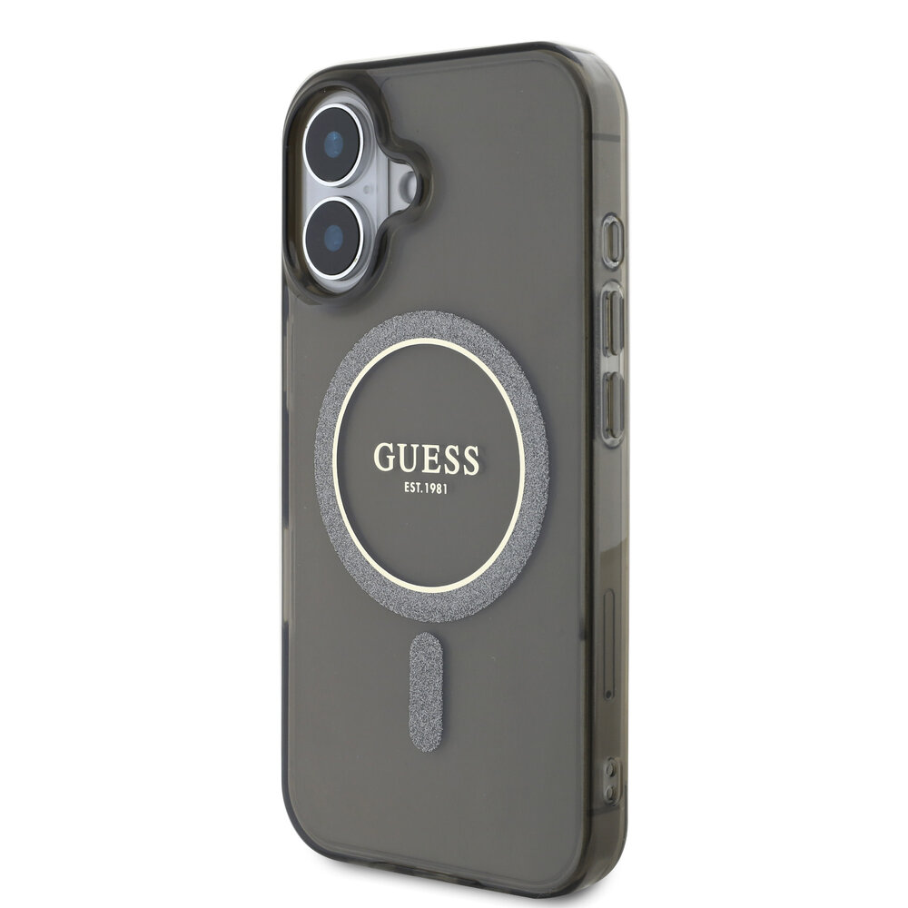 Guess Guess iPhone 16 Back-Cover hul - Magsafe IML glitter - Schwarz Guess Guess iPhone 16 Back-Cover hul - Magsafe IML glitter - Schwarz