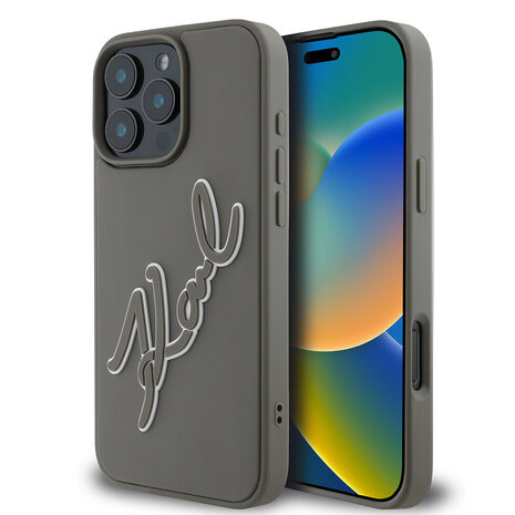 Karl Lagerfeld Karl Lagerfeld iPhone 16 Pro Max Backcover hoesje 3D rubber signature - Grijs Karl Lagerfeld Karl Lagerfeld iPhone 16 Pro Max Backcover hoesje 3D rubber signature - Grijs
