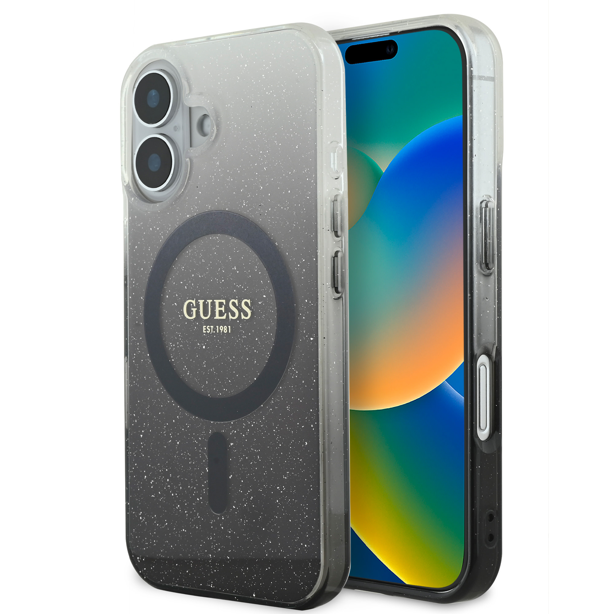 Guess Guess iPhone 16 Backcover hoesje Magsafe IML glitter gradient - Zwart
