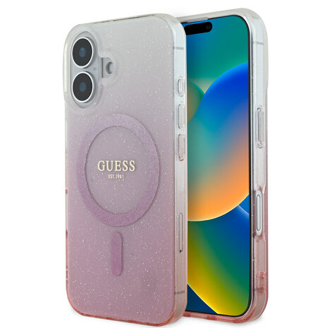 Guess Guess iPhone 16 Back cover coque Magsafe IML glitter gradient - Rose Guess Guess iPhone 16 Back cover coque Magsafe IML glitter gradient - Rose