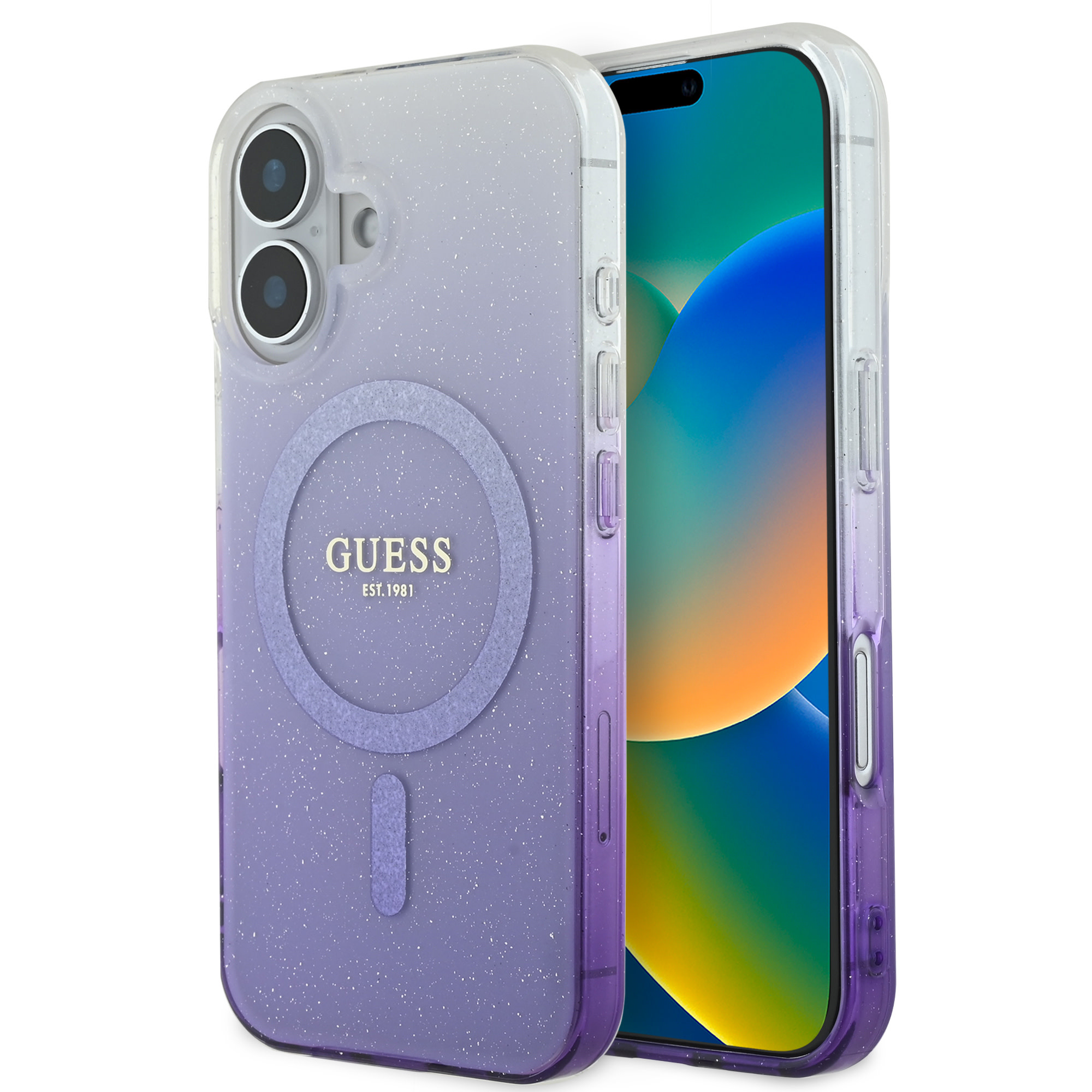 Guess Guess iPhone 16 Backcover hoesje Magsafe IML glitter gradient - Paars