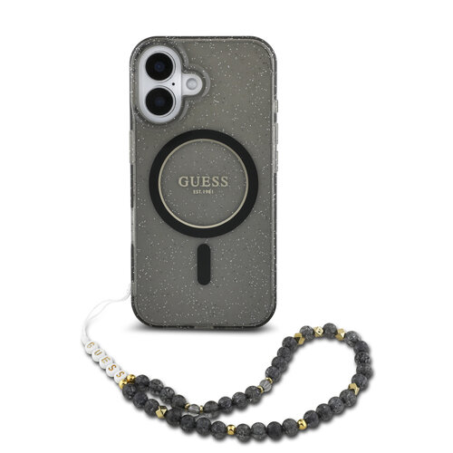 Guess Guess iPhone 16 Pro Max Back cover coque Magsafe ML Glitter with pearl strap - Noir