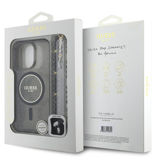 Guess Guess iPhone 16 Pro Max Backcover hoesje Magsafe ML Glitter with pearl strap - Zwart