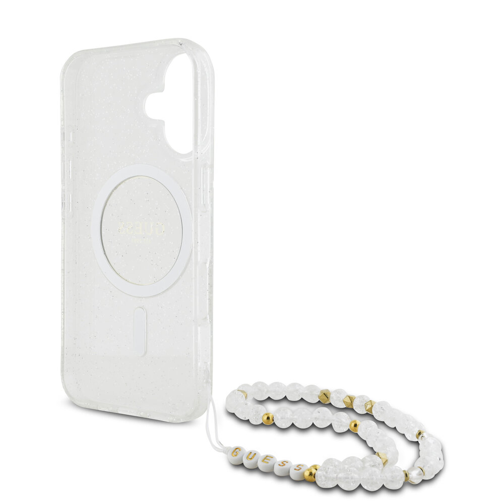 Guess Guess iPhone 16 Back cover coque Magsafe IML Flowers with pearl strap - Transparent Guess Guess iPhone 16 Back cover coque Magsafe IML Flowers with pearl strap - Transparent