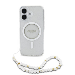 Guess iPhone 16 Pro Max Backcover hoesje Magsafe ML Glitter with pearl strap - Transparant