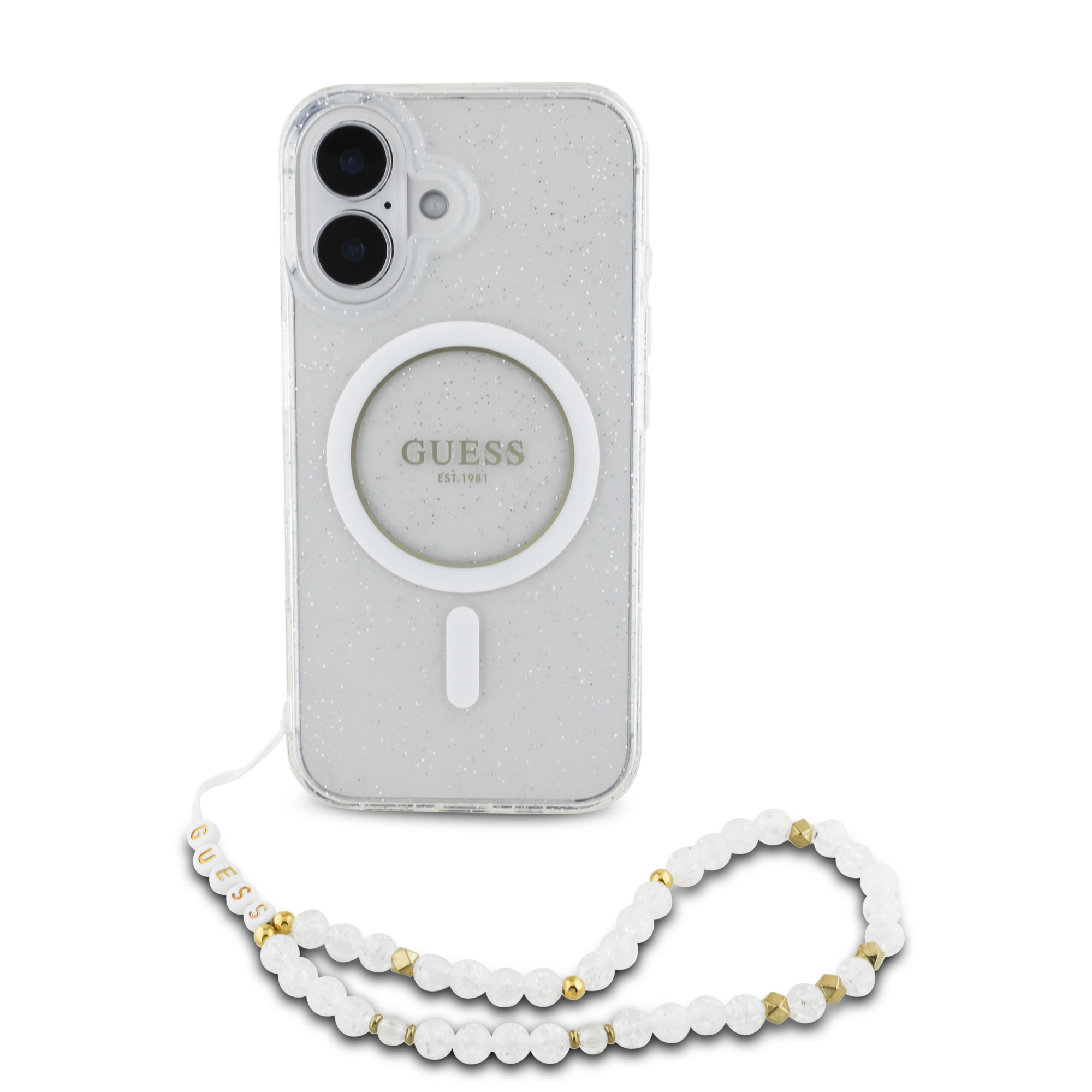 Guess Guess iPhone 16 Pro Max Backcover hoesje Magsafe ML Glitter with pearl strap - Transparant