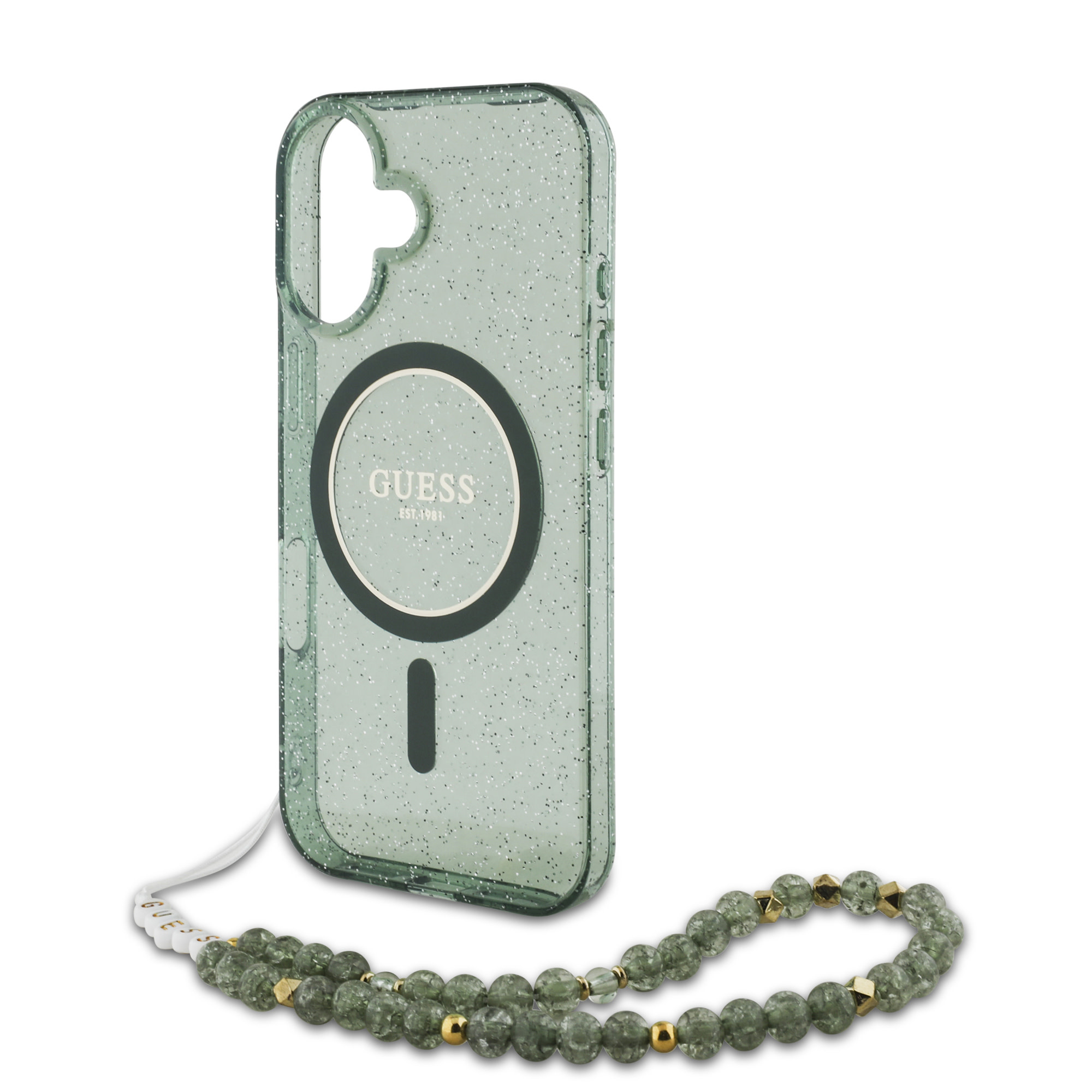 Guess Guess iPhone 16 Pro Max Backcover hoesje Magsafe ML Glitter with pearl strap - Groen, foto 2 van 4