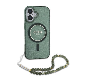 Guess Guess iPhone 16 Pro Max Backcover hoesje Magsafe ML Glitter with pearl strap - Groen Guess Guess iPhone 16 Pro Max Backcover hoesje Magsafe ML Glitter with pearl strap - Groen