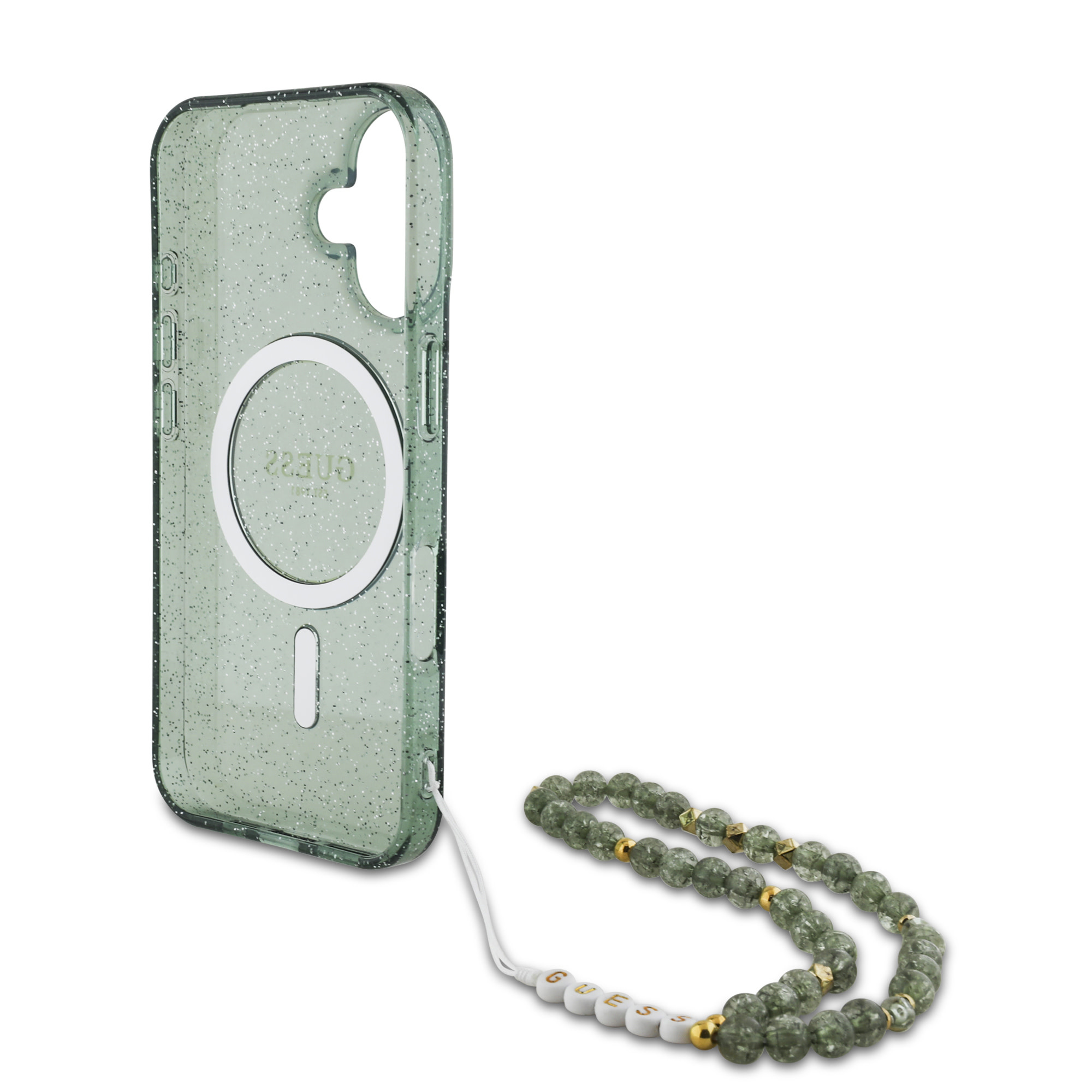 Guess Guess iPhone 16 Pro Max Backcover hoesje Magsafe ML Glitter with pearl strap - Groen, foto 3 van 4