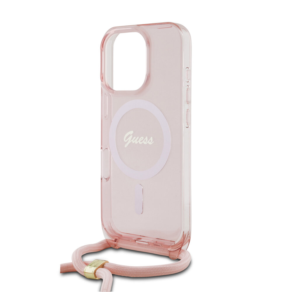 Guess Guess iPhone 16 Pro Back cover coque Magsafe IML crossbody cord script - Rose Guess Guess iPhone 16 Pro Back cover coque Magsafe IML crossbody cord script - Rose
