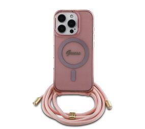 Guess Guess iPhone 16 Pro Backcover hoesje Magsafe IML crossbody cord script - Roze