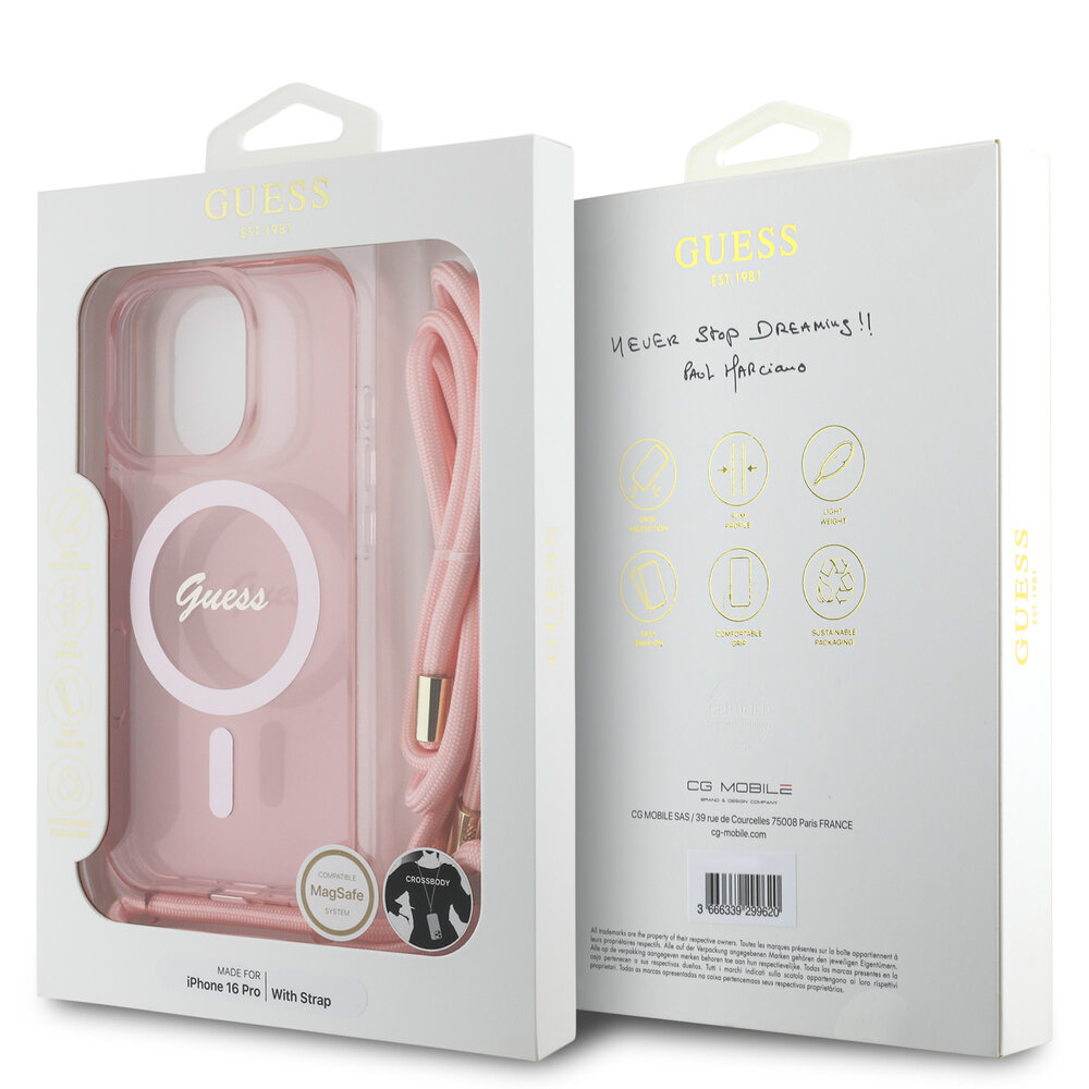 Guess Guess iPhone 16 Pro Back cover coque Magsafe IML crossbody cord script - Rose Guess Guess iPhone 16 Pro Back cover coque Magsafe IML crossbody cord script - Rose